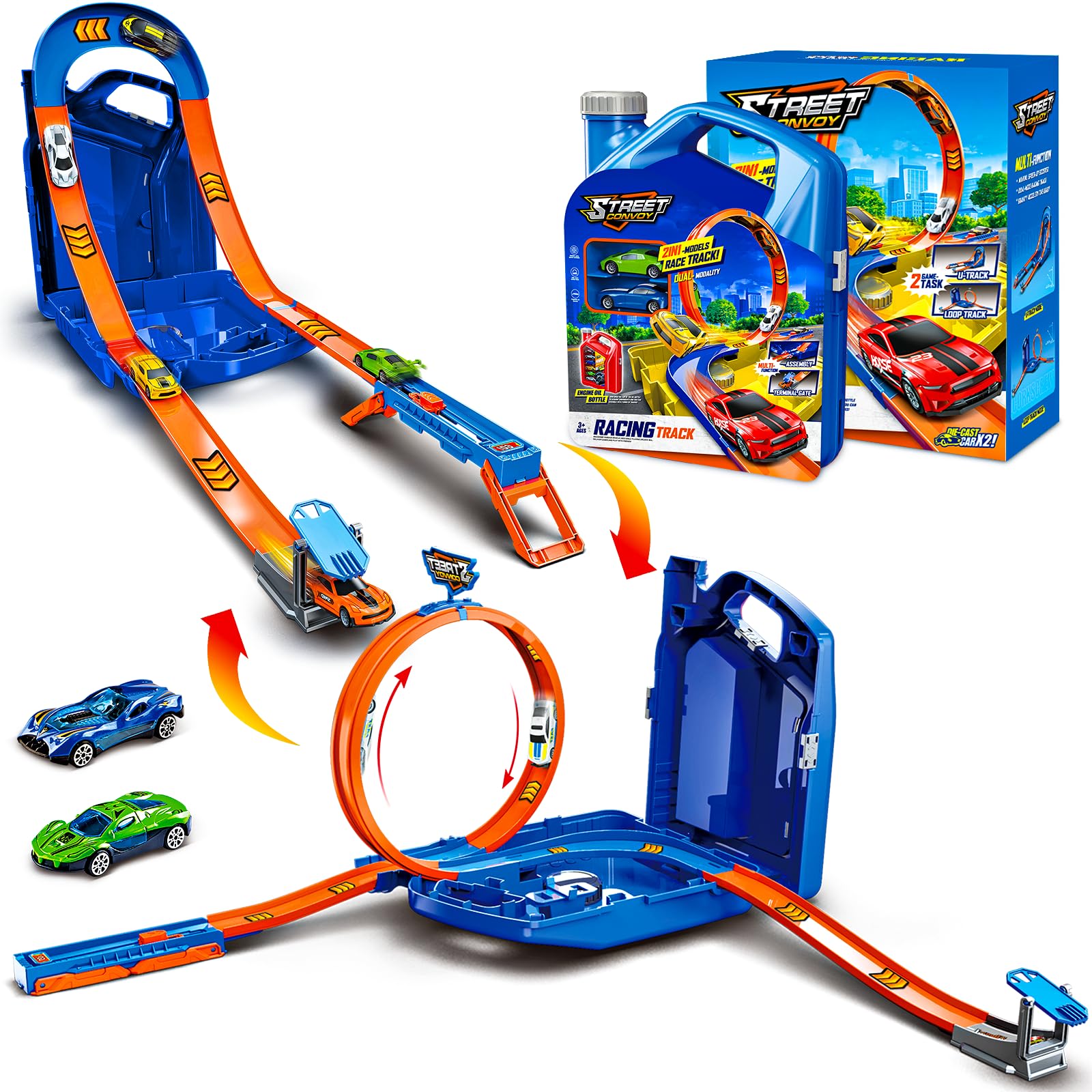 Photo 1 of Race Track Toy Car Set with 2 Race Cars,2 in 1 Car Tracks Style with Storage Box,Changeable Tracks Toys Birthday Gifts for Kids 3 4 5 6 7 8+Year Old Boys Girls (Blue)