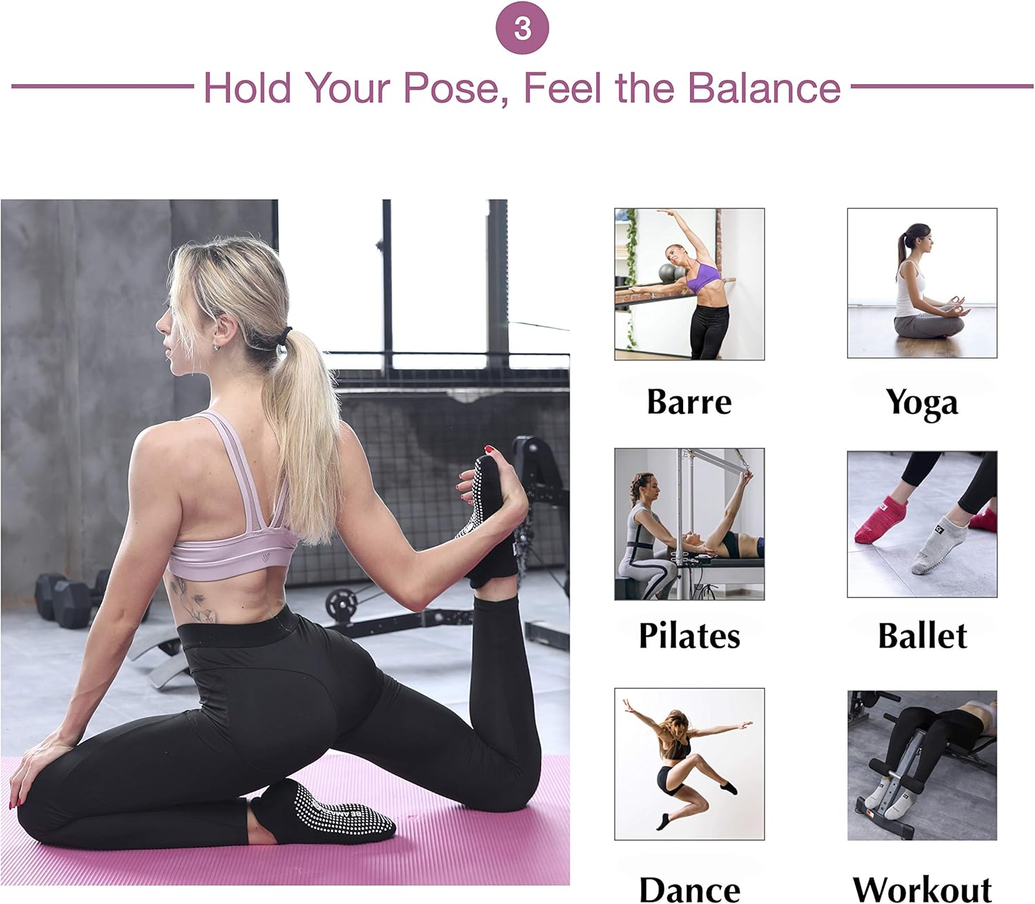 Non-Slip Socks Yoga Barre Pilates Hospital Maternity Sock w/ Grips For Women Men 3 Pairs Black Pink Gray: Clothing