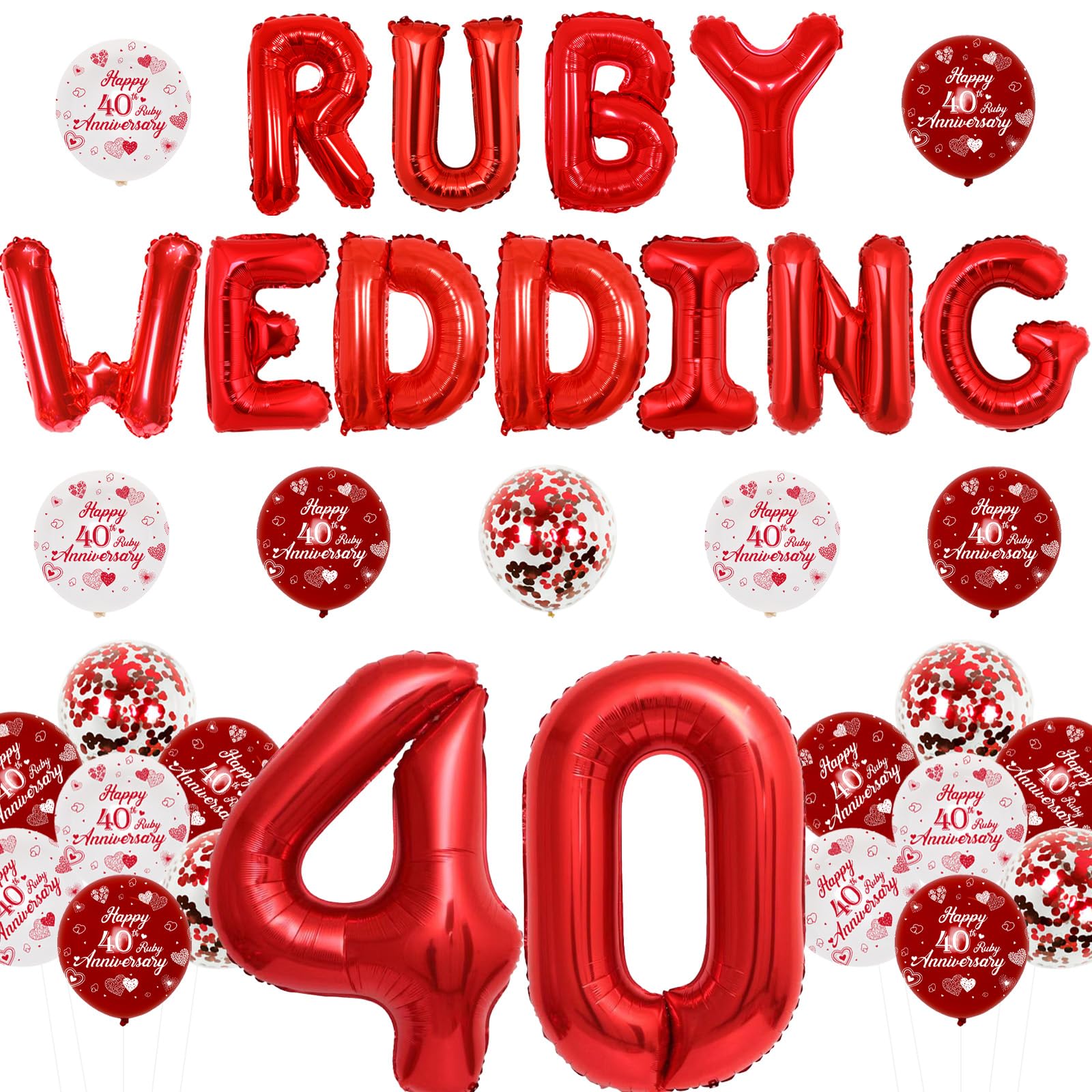 40th Ruby Wedding Anniversary Decorations - Ruby Wedding Balloons Banner, 40th Wedding Anniversary Printing Balloons, 40 Foil Number Balloons for Happy 40th Anniversary Decorations