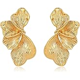 Gold Statement Leaf Earrings for Women – 14K Gold Plated Large Geometric Flower Dangle Drop Earrings, Big Jewelry Gift for Women