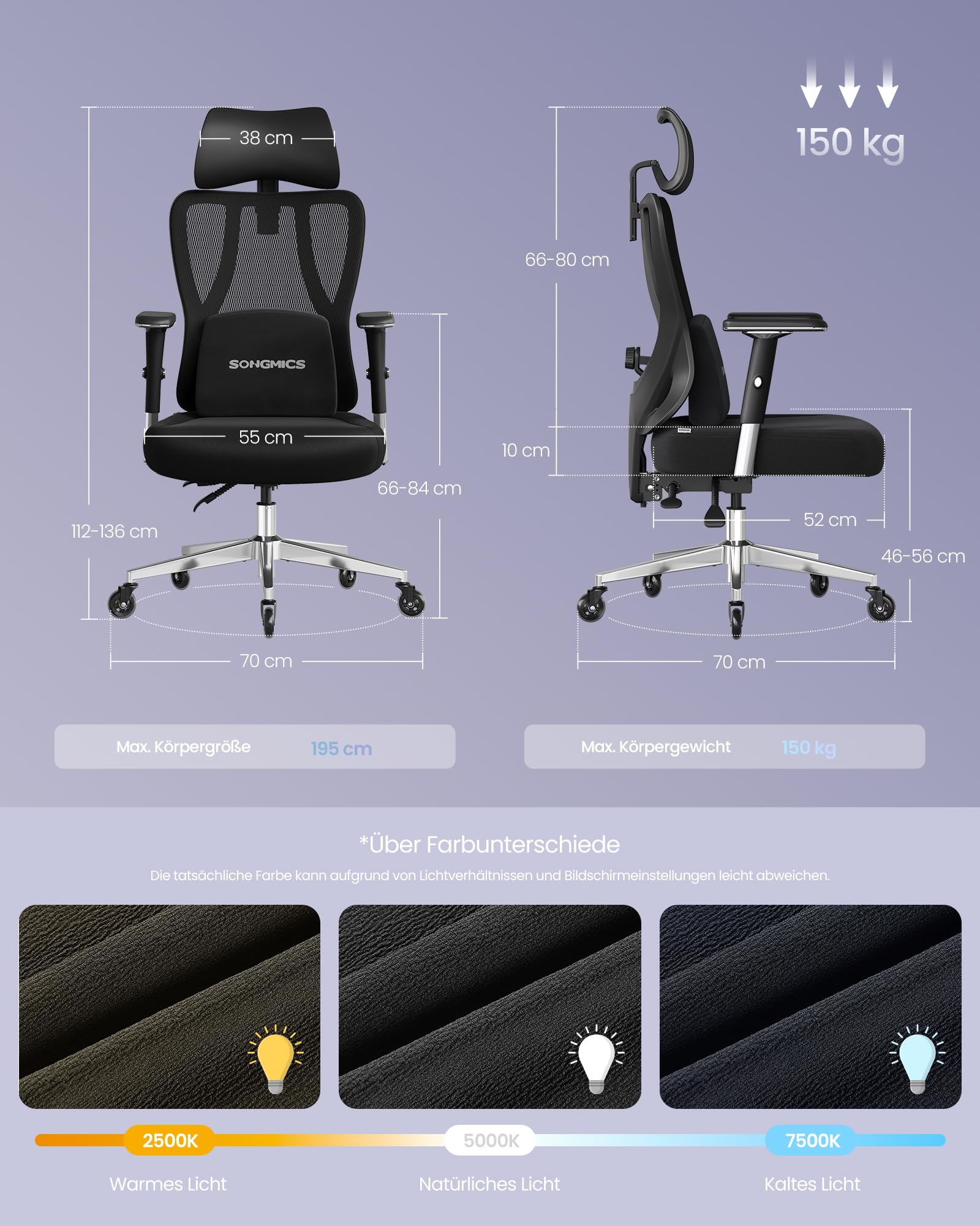 SONGMICS Bürostuhl ergonomisch, Schreibtischstuhl, Gaming-Stuhl, verstellbare Lenden-, Kopfstütze, Armlehnen, für Verschiedene Körpergröße, bis zu 150 kg belastbar, tintenschwarz OBN067BH01 7