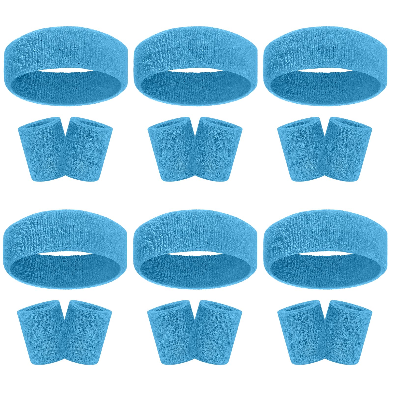 18 Pcs Sweatbands Headband Wristband Set Colorful Striped Terry Cloth Sports Athletic Gym 80s Sweat Headbands Wrist Bands (Sky Blue)