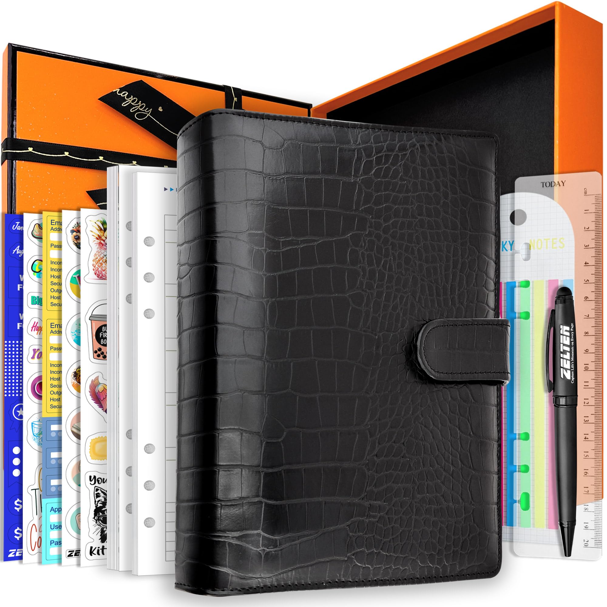 Zelten PU Leather Personal Notebook Planner with 67 Pages Loose-Leaf Papers 6 Holes Ring Binder Pen Holder Magnetic Buckle (Black Faux Crocodile Texture,A5 Gift Box)