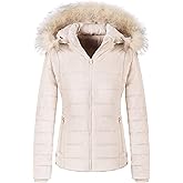 Chrisuno Women's Casual Short Winter Puffer Coat Soft Faux Fur Lining Lightweight Warm Jackets With Removable Hood