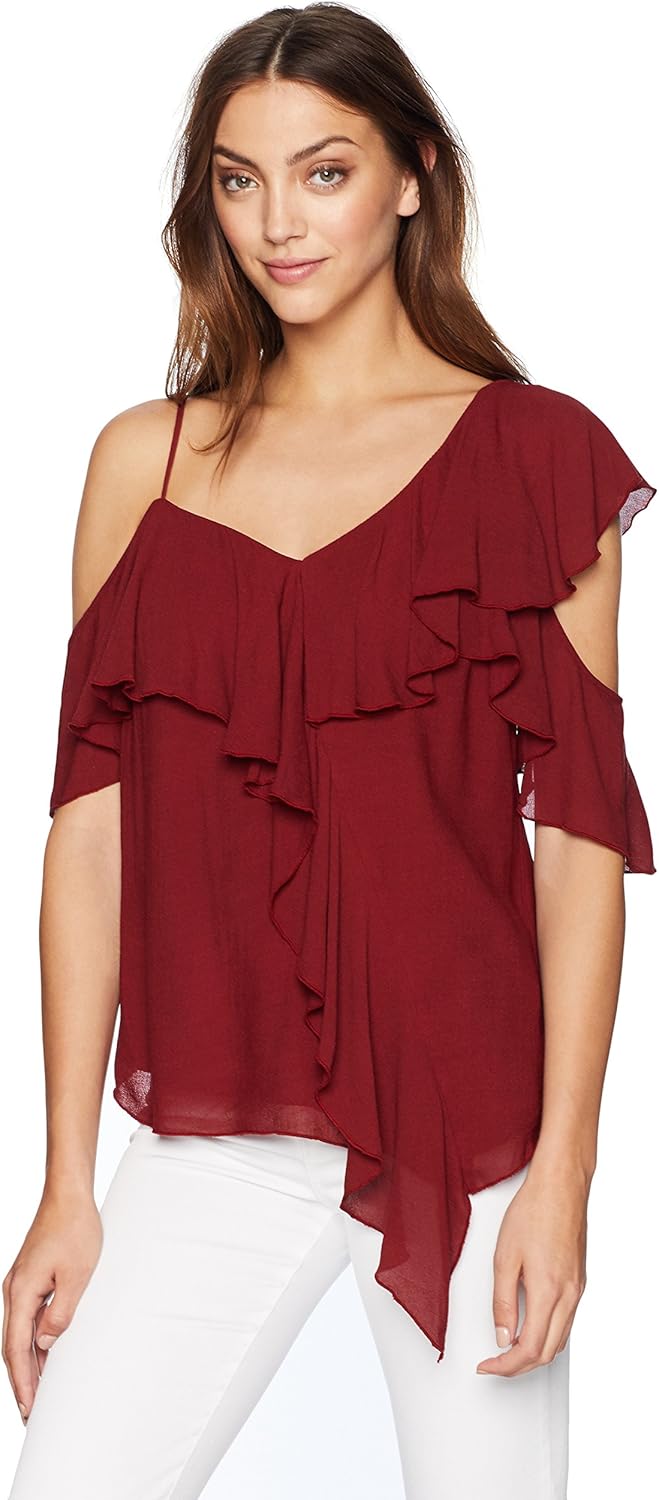 red ruffle sleeve blouse