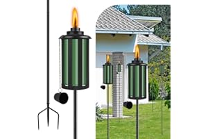 FALBAWR Citronella Torches Set of 6, 16 oz Garden Torches for Outside, 3-Prong Grounded Stake Outdoor Torches, 58 inch Outdoor Decorative Lantern, Green