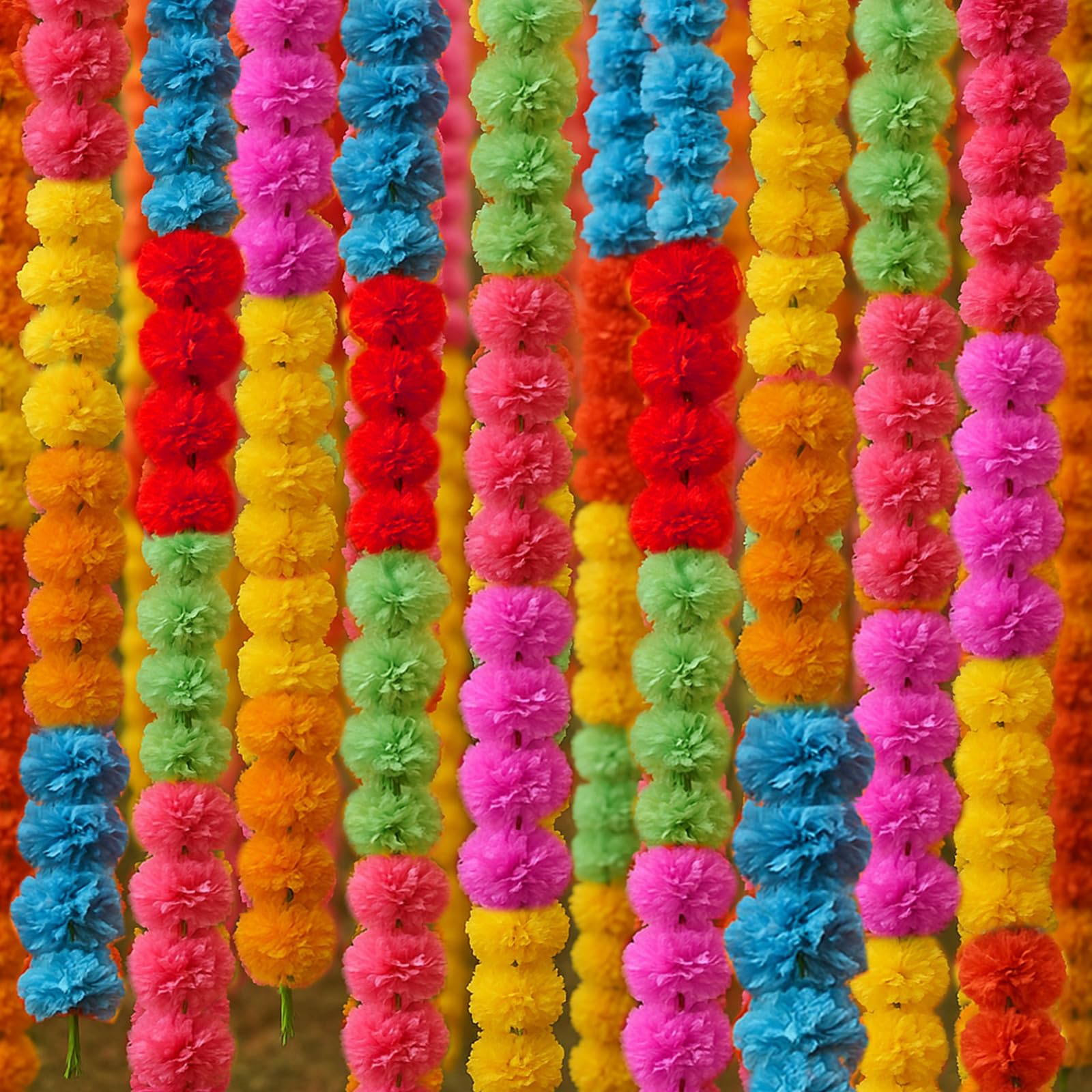 Photo 1 of XunYee 5 Pcs Marigold Garland for Decoration 5 Feet Long Strands Artificial Marigolds Flowers Diwali Decorations for Home Indian Wedding Decor Pooja Temple Halloween, Multicolor