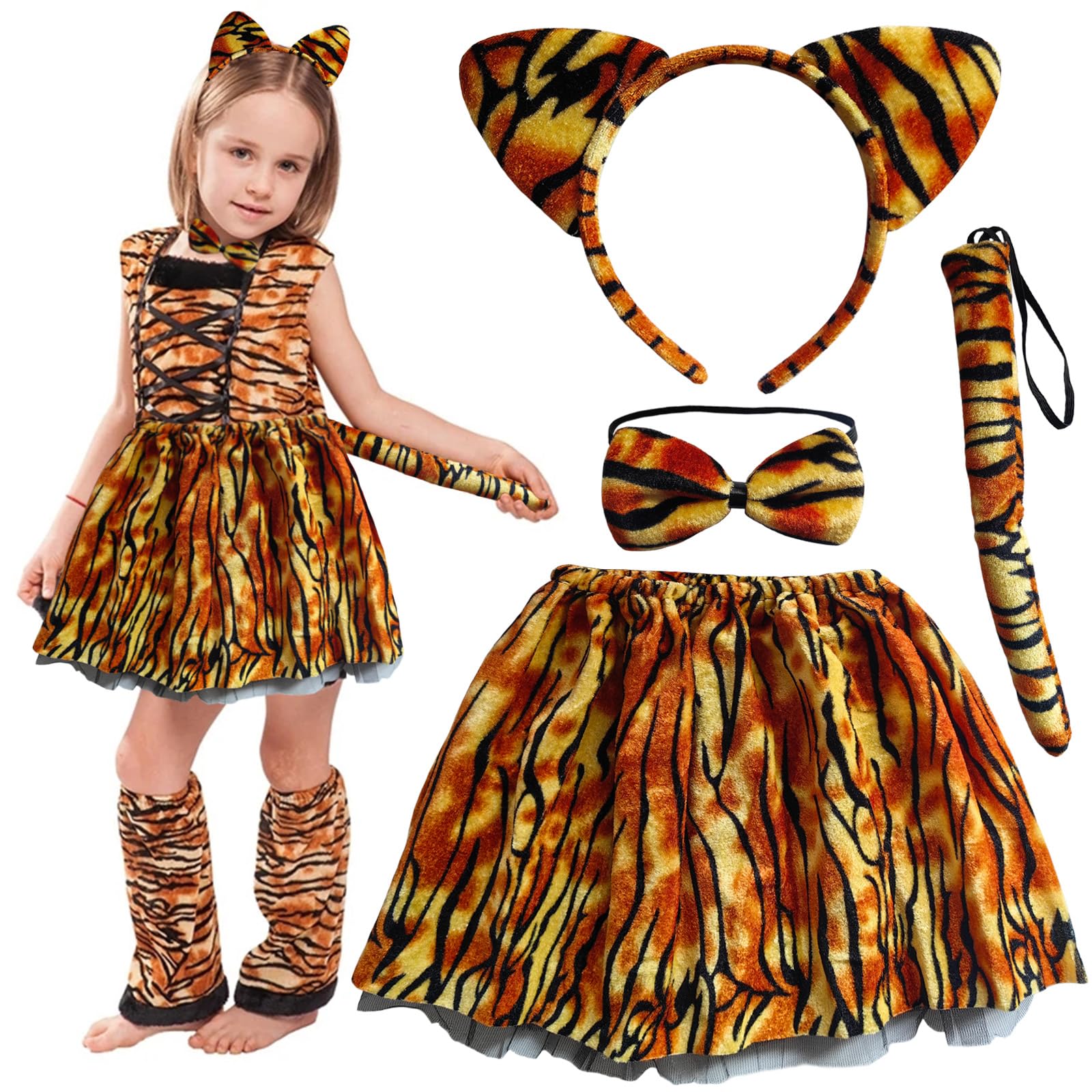GugnRyAc 4 Pcs Tiger Costume Set for Girls, Animal Outfit with Tutu Skirt, Tiger Ears Headband, Bowtie, Tail, Fancy Dress for 3-10y Kids Carnival Halloween