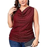 ZOMVA Plus Size 0X-4X Sparkly Glitter Ruched Tops Cowl Neck Sparkle Sequin Shirts with Side Shirring Cocktail Party Outfits