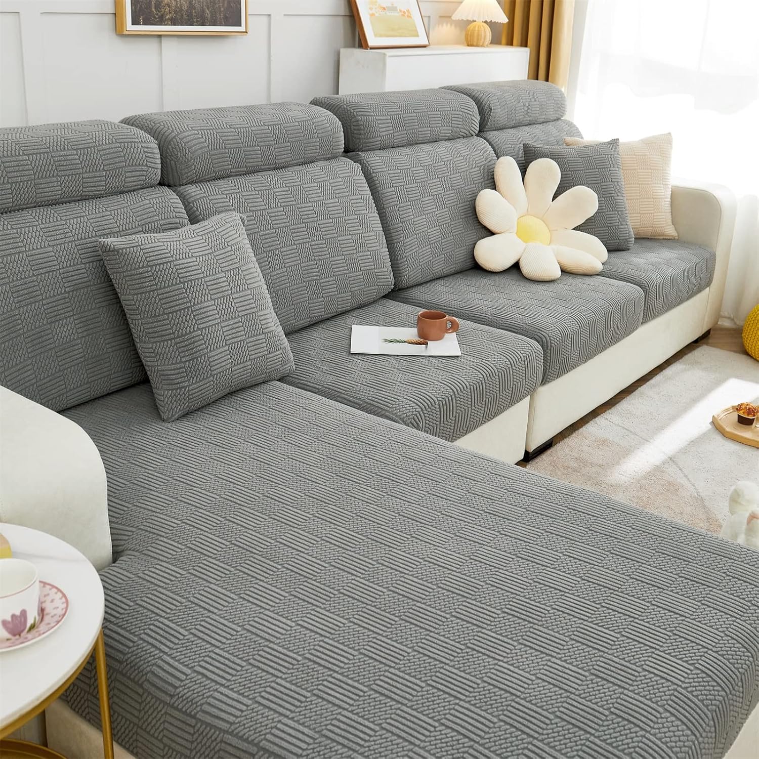 Slipcovers - Couch Cushion Covers Sectional L Shape Slipcover Elastic Chair Loveseat Furniture Protector Double Sofa Cover for Living Room (Length 39-53inch Width 25-37inch, Large Double Seat Cover) Light Grey