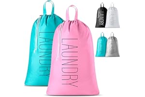 HANDY LAUNDRY Travel Laundry Bag - 2-Pack - Fun Print Design Bags for Dirty Clothes, Extra Large Capacity, Durable Water Resistant Fabric, Sturdy Drawstring Closure (Pink-Teal | Laundry)