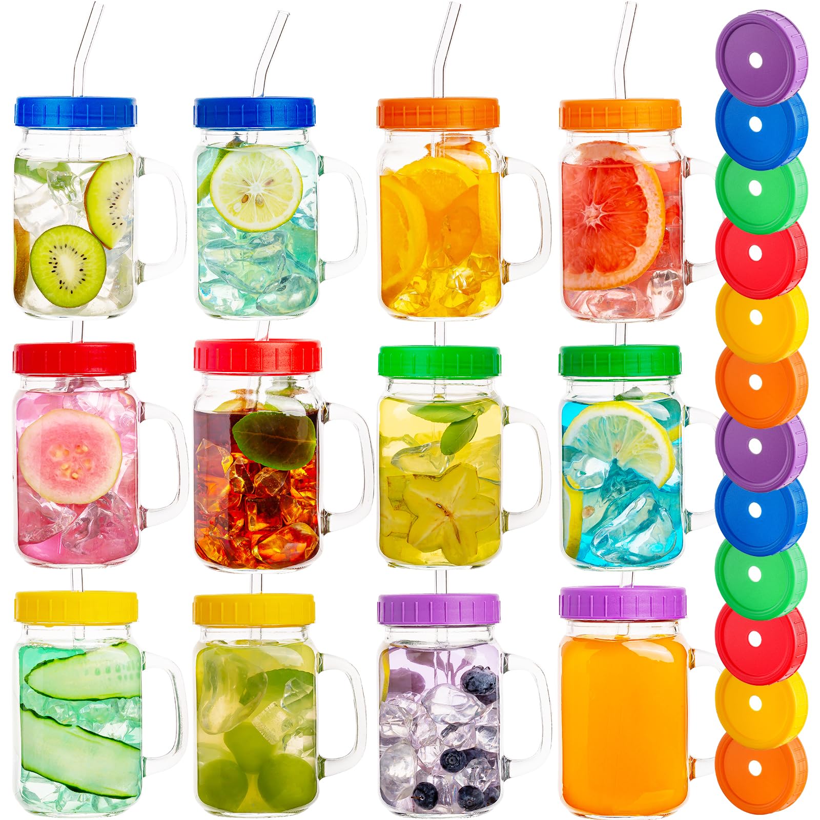 Photo 1 of wookgreat Mason Jars with Handle, 12 Pack 16oz Jar Drinking glasses lid and straw, Cups, Regular Mouth mugs for Iced Coffee, Smoothie, Airtight Lids Food Storage, clear