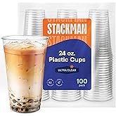 Stack Man [100 Pack - 24 oz.] Clear Disposable Plastic Cups PET Crystal Clear Disposable 24oz Plastic Cups