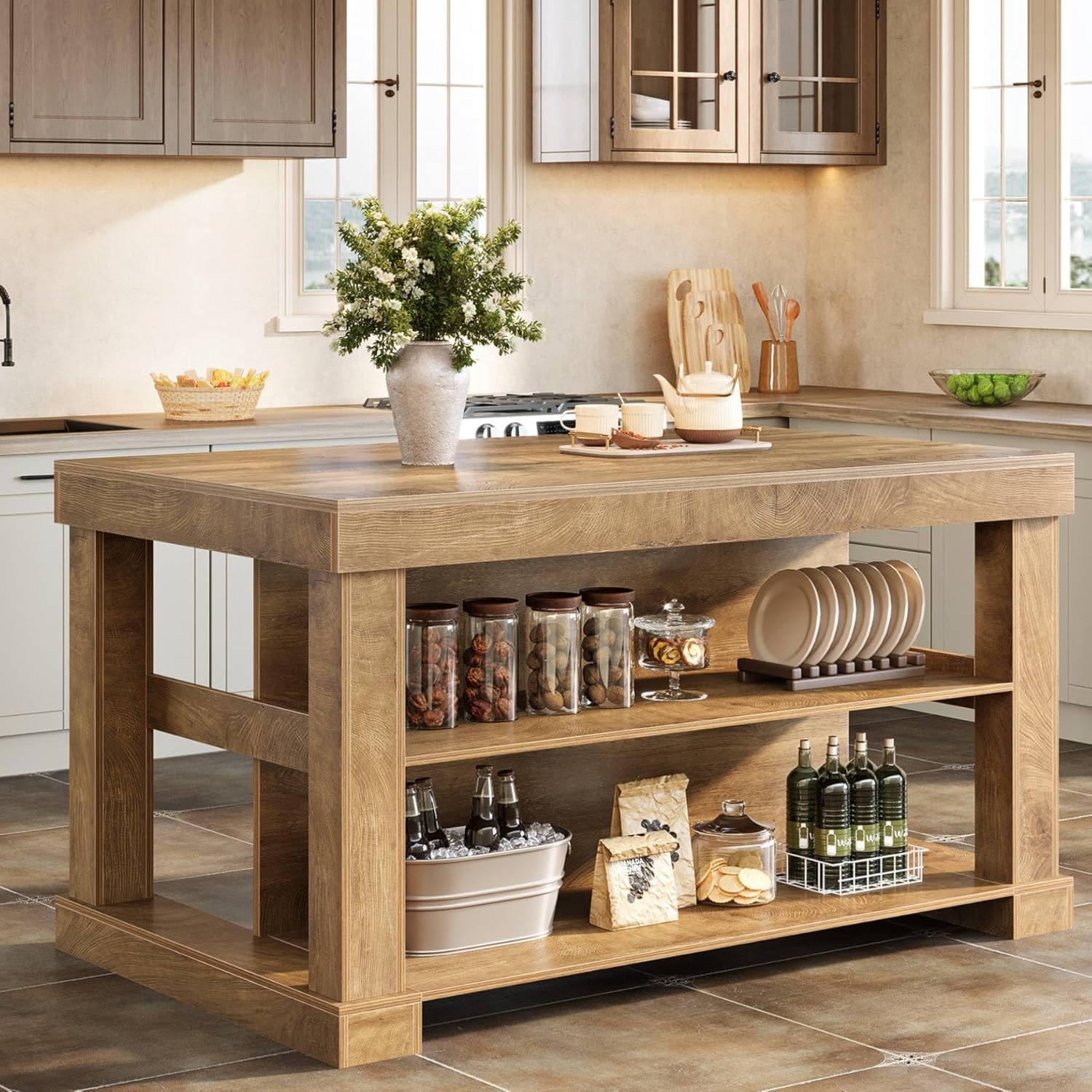 Photo 1 of Tribesigns Kitchen Island with 3 Shelves, 55 Inches Width Kitchen Shelf with Large Worktop, Stable Wooden Structure, Farmhouse Style, Easy to Assemble, Rustic Brown