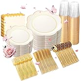 WONDERFUL 350PCS Ivory Plastic Plates for Party Plates Disposable Heavy Duty Ivory Gold Plastic Dinnerware Set for 50 Guests - 100 Disposable Plate,150 Silverware,50 Cup,50 Wedding Napkins for Wedding