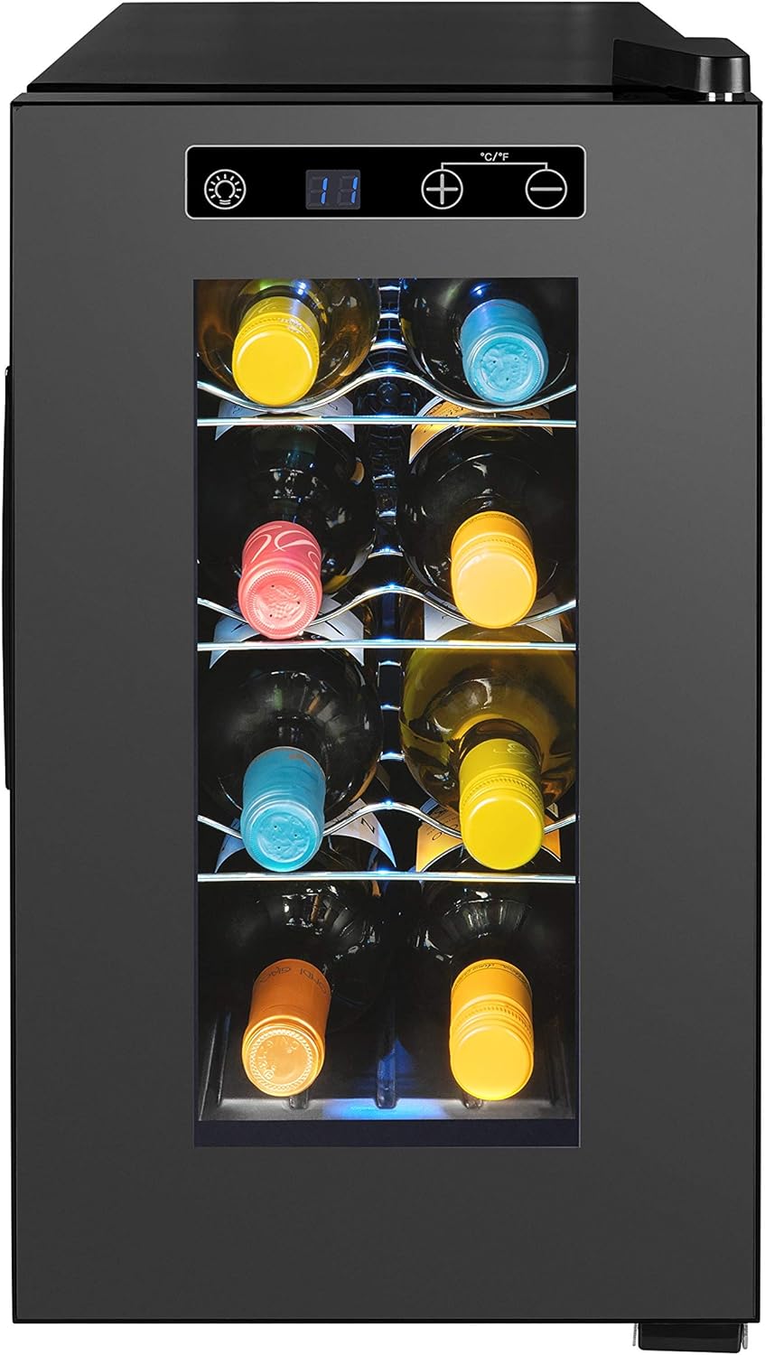 MEDION Weintemperierschrank 21 Liter, Weinkühlschrank für 8 Flaschen, Temperaturbereich 7-18° C, Touch Bedienung, vespiegelte Glastür, freistehend, leise, 3 verchromte Einlegeböden, MD 37430