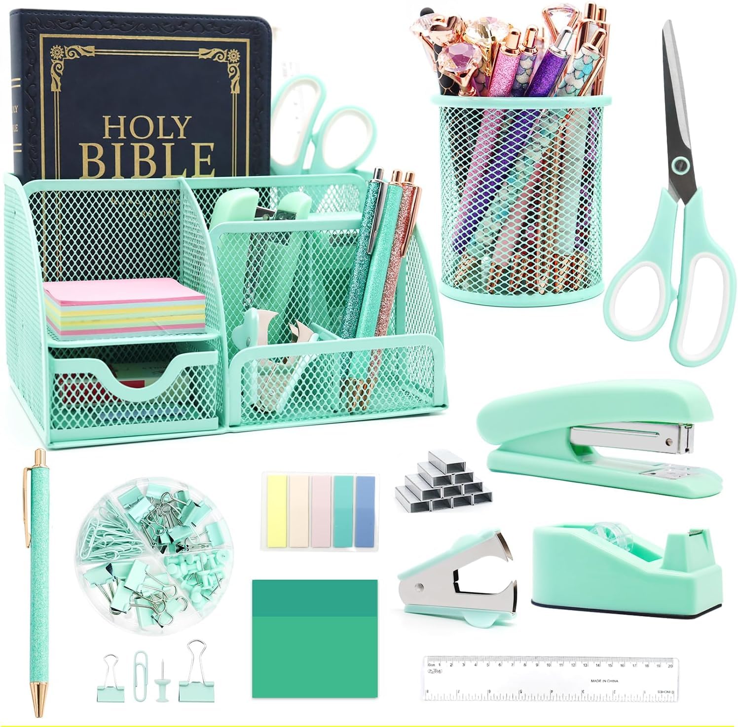 12 in 1 Teal Green Desk Organizer Set - Green Office Accessories Include Stapler, Pen Holder, Tape Holder, Scissors, Ruler, Staple Remover for Home & School