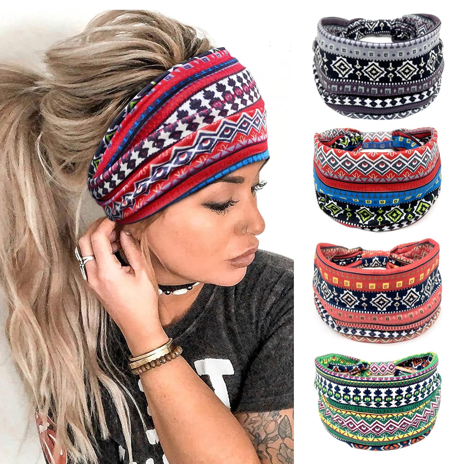 Kavya Head Scarfs for Women, Elastic Soft Boho Headband Flower Leopard Yoga Sport Hairbands, Headbands For Women's Hair(L), No. of items 4 — image 1