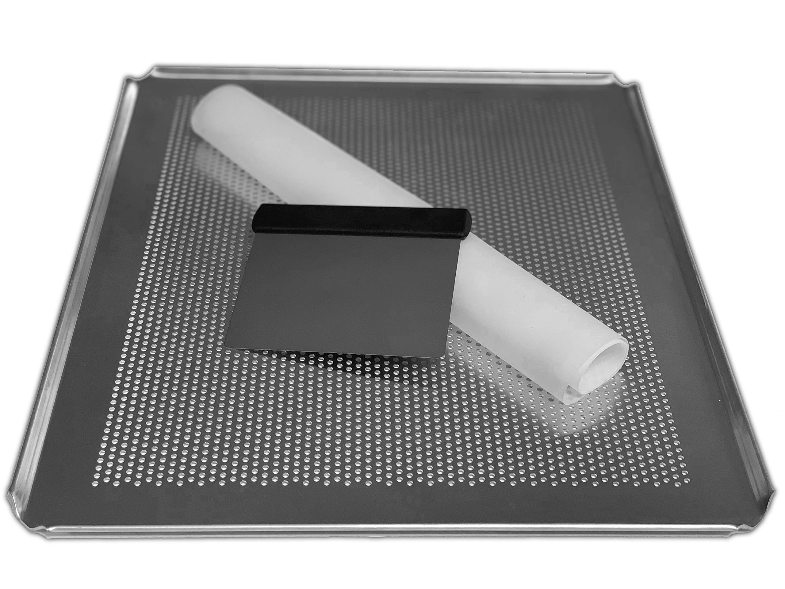 LEHRMANN 3-Piece Baking Set - Baking Tray 42.5 x 36 cm Perforated Silicone Mat Dough Scraper Stainless Steel for Pizza Baking at Home