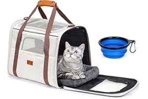 Morpilot Cat Carrier - Soft Sided Cat Carrier Large for Big Medium Cats and Puppy up to 18lbs, Pet Carrier with Safety Zippers, Foldable Bowl, Airline Approved Large Dog Carrier - Beige