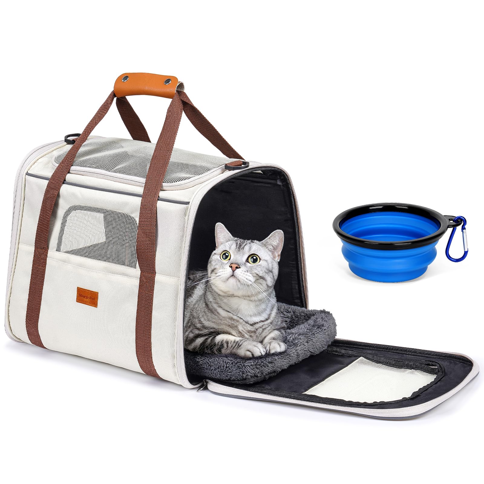 Morpilot Cat Carrier - Soft Sided Cat Carrier Large for Big Medium Cats and Puppy up to 18lbs, Pet Carrier with Safety Zippers, Foldable Bowl, Airline Approved Large Dog Carrier - Beige Image