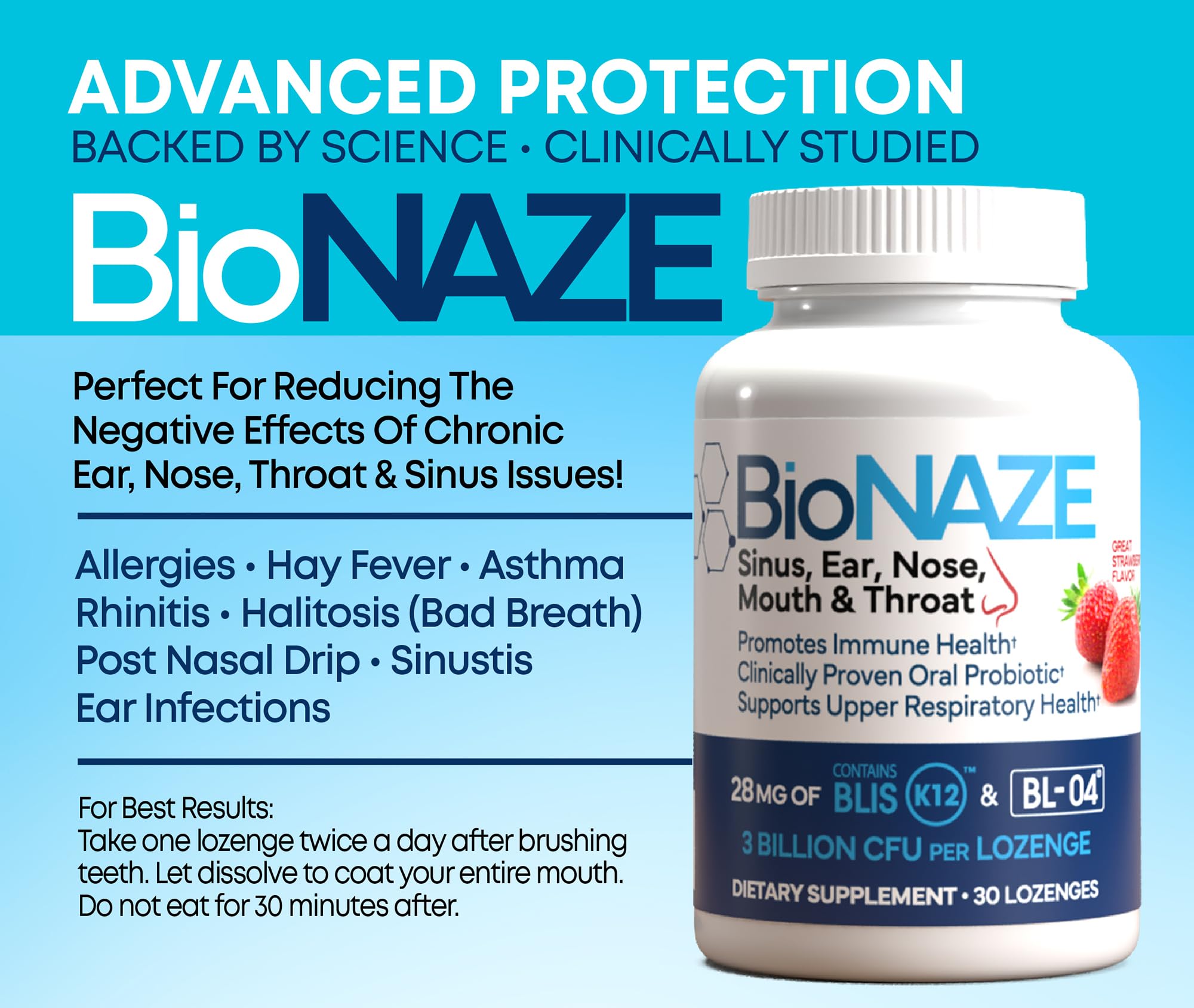 Oral Probiotic BLIS K12 & BL-04 for Sinus, Tonsil Stones, Bad Breath, Post Nasal Drip, Throat, Mouth, Teeth & Gut - Improve Oral & Respiratory Health. Clinically Proven Probiotic Strains 30 ct