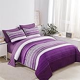 KAKIJUMN 7 Piece Bed in a Bag Stripe Comforter Set Full Size, White and Purple Patchwork Striped Comforter and Sheet Set, All Season Soft Microfiber Complete Bedding Sets(Purple,Full)