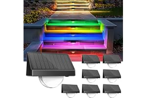 APILAB Solar Step Lights for Outside 8 Pack – 11 Modes (Fixed/Fade/Flash) RGB Color Changing, IP68 Waterproof, 180° Wide-Angle Solar Stair Lights, Dusk to Dawn Deck Lights for Fence Yard Patio Porch