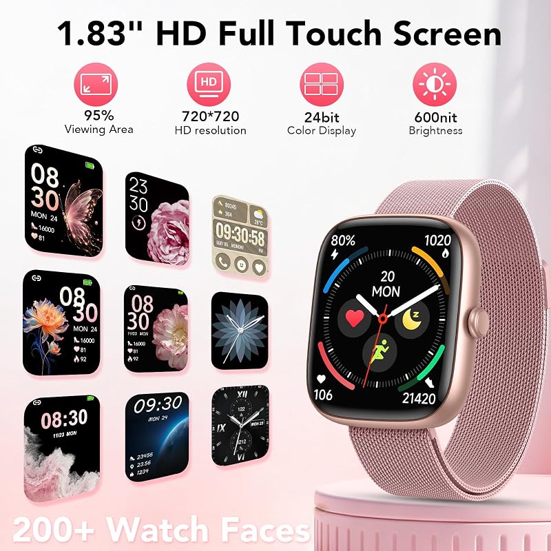Smartwatch Damen mit 2 Armbänder, 1.83" HD Smart Watch mit Bluetooth-Anruf, IP68 Fitnessuhr Damen mit SpO2, Pulsmesser, Schlafmonitor, Stressüberwachung, Schrittzähler, 120+ Sportmodi — Foto 5 von 8