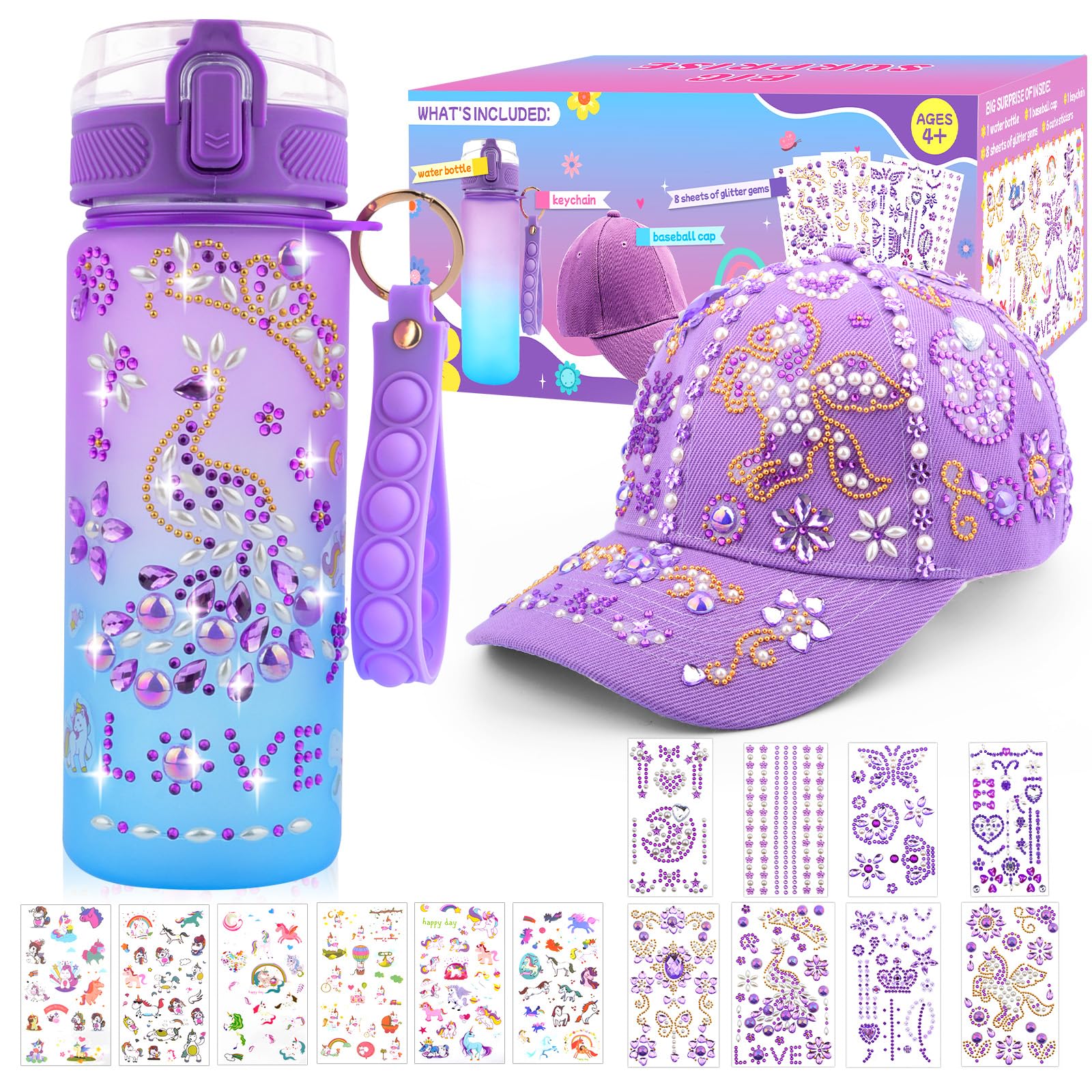 Gifts for Girls 5 6 7 8 9 10 11 12 Years Old Decorate Your Own Water Bottle and Baseball Cap Gifts for Girls Unicorn Stickers Glitter Gems Girl Water Bottle Art and Crafts Age 4-12 Childrens Day Gift