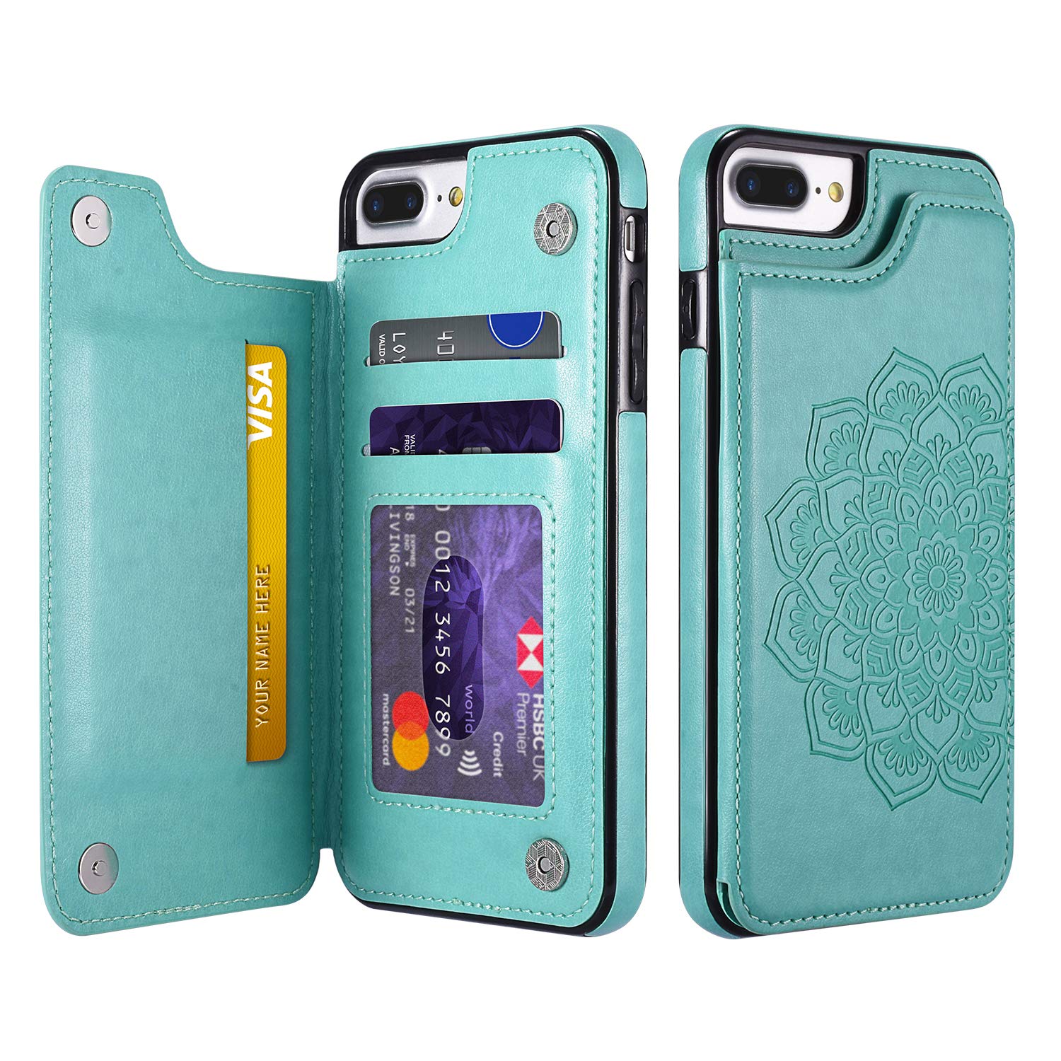 UEEBAI Case for iPhone SE 2022 5G/iPhone 7/iPhone 8/iPhone SE 2020, PU Leather Case [Magnetic] [Card Slots] Stand Function Flower Durable Soft TPU Case Wallet Cover for iPhone SE3/SE2 - Mint Green#2