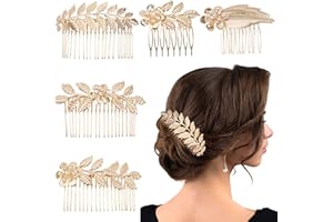 REDANHA 5 PCS Leaf Hair Side Combs Gold Rhinestone Hair Comb Clips with Teeth Wedding Headpiece Hair Accessories for Women, Girls, Bride, Bridesmaid(5 Different Size)