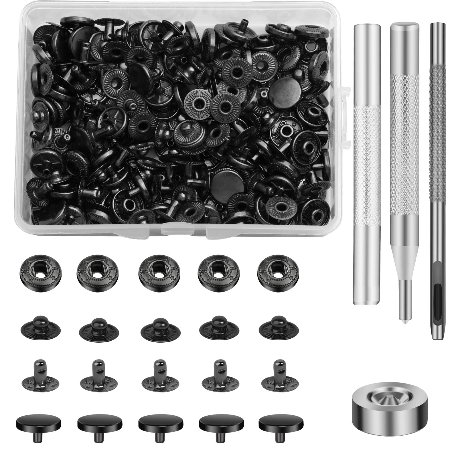 SUVSOON 50 Set Leather Snaps Fasteners Kit, 10mm Metal Snap Button Kit with 4 Pcs Snap Installation Tools, Leather Rivets Snaps for Sewing Clothing Bag Jeans DIY Crafting ﻿