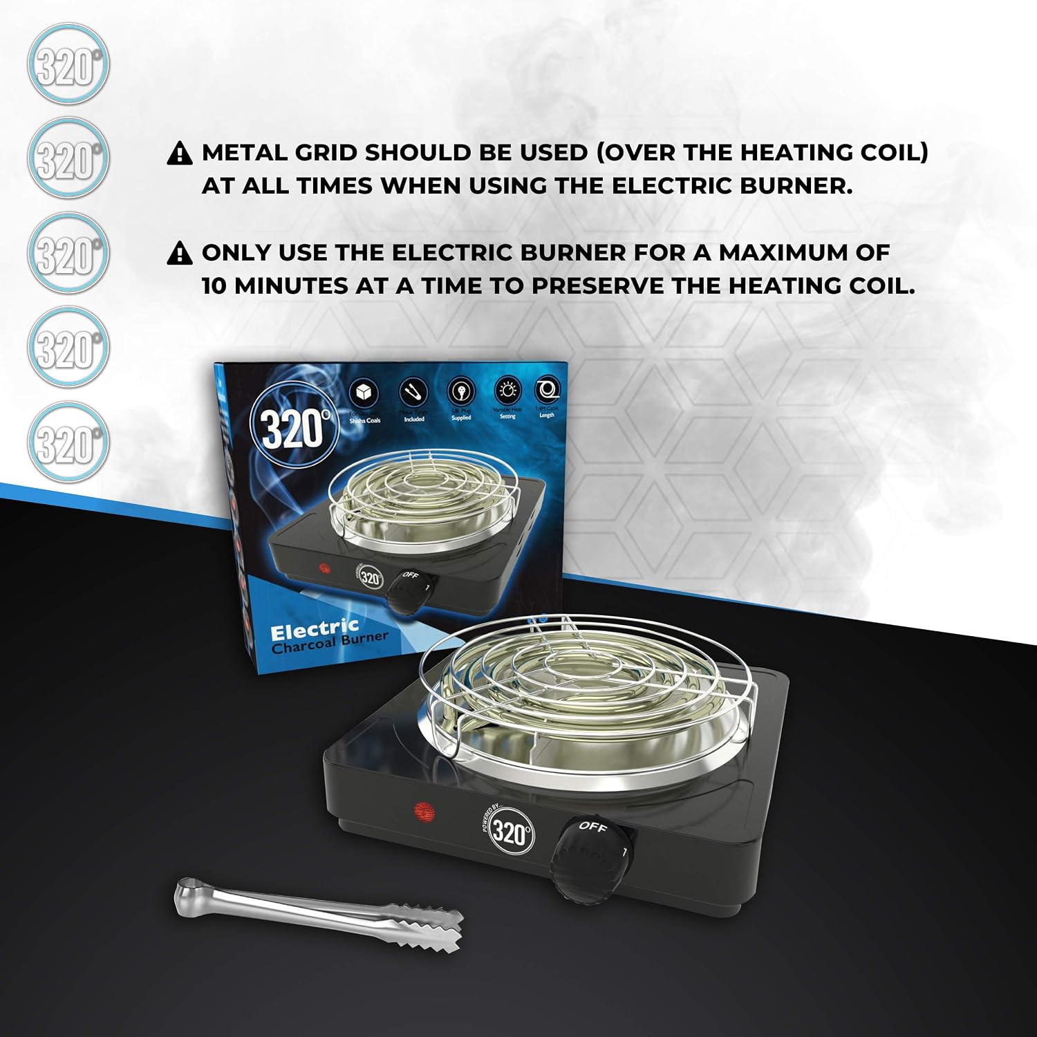 320º Electric Charcoal Burner for Coconut Coal Coil Stove - FULL WARRANTY - Includes Grid & Tongs - 1.4m extra long braided cable - Image 5
