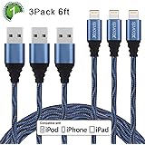 Xcords iPhone Charger, 3 pack 6ft Nylon Braided 8pin Lightning to USB Cable Charging Cord for iPhone 7, 7 Plus, 6s, 6s Plus, 6, 6 Plus, 5 5S, 5C, SE, iPad and iPod(Dark blue)