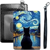 HGGJFLYX Credit Card Holder Slim Wallet for Women Men, RFID Blocking Front Pocket Card Holder - Travel Minimalist Thin Leather Case Wallet with ID Window & Wrist Strap, Starry Night Cat