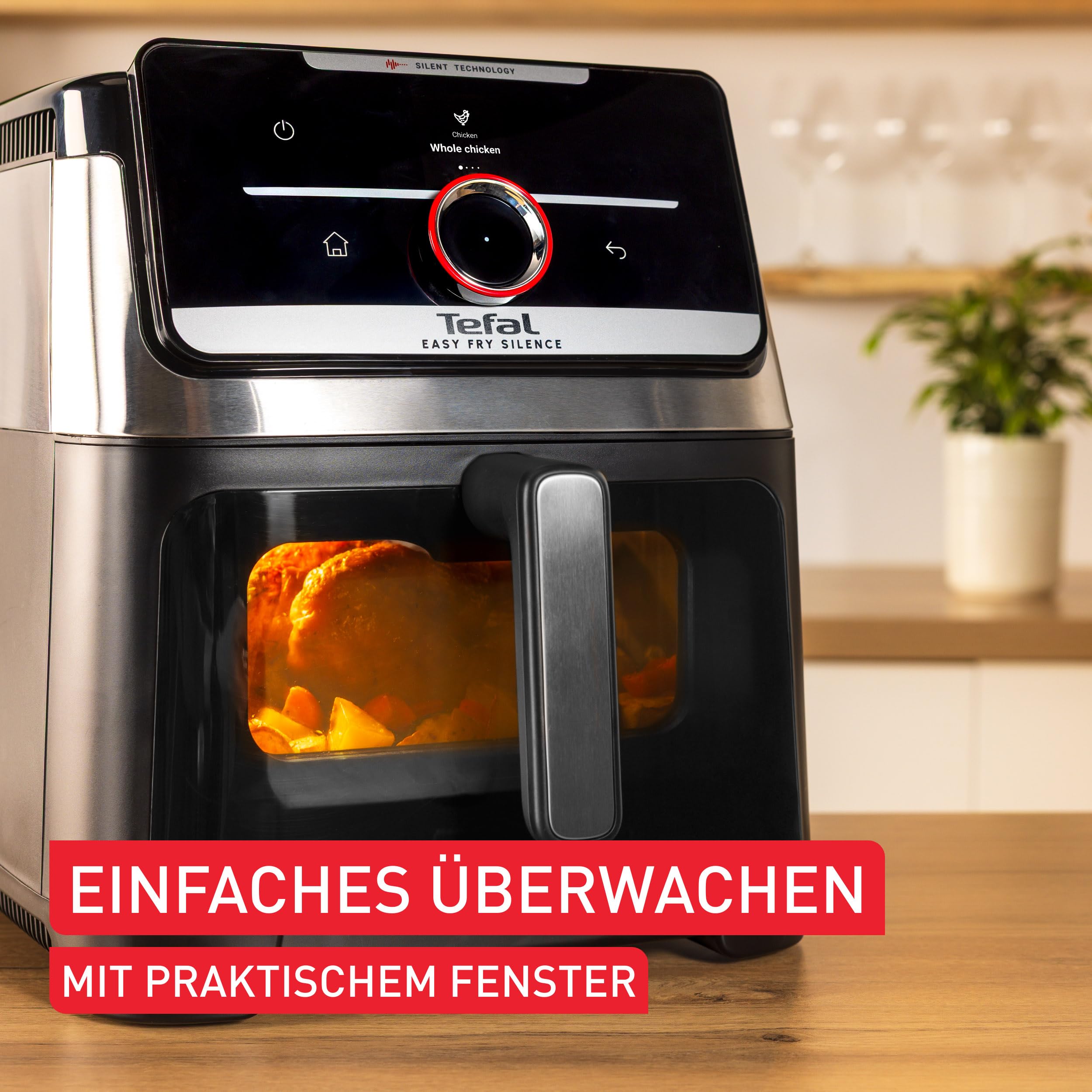 Tefal Easy Fry Silence Heißluftfritteuse, 7 L Fassungsvermögen, Silent-Technologie, Smart Assist System, bis zu 8 Portionen, abnehmbare Front mit Sichtfenster, Schwarz, EY876DE0 7