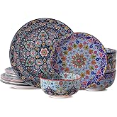 glowworm Bohemian Dinnerware Sets, Ceramic Dishes Set for 4, 12 Pieces Plates and Bowls Set, Oven, Microwave &amp; Dishwasher Safe, Scratch Resistant