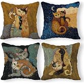 Abstract Linen Throw Pillow Case Set of 4, 18 x 18 Inch, Funny Cat Pillow, Children Room Decor, Cat Theme Room Decor, Cushion Cover for Sofa Couch Bed