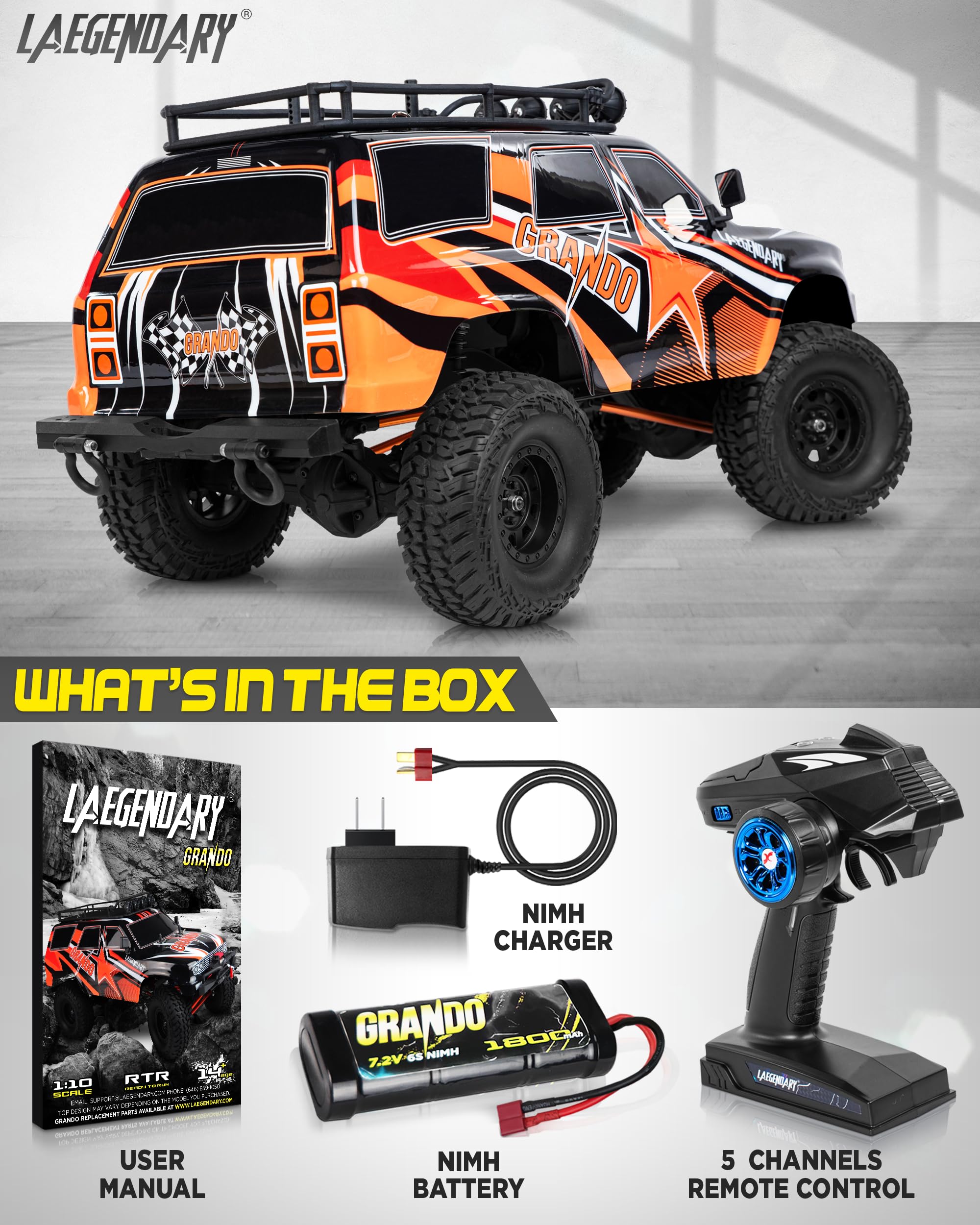 LAEGENDARY 1:10 Scale RC Rock Crawler - 4x4 Offroad Remote Control Truck for Adults - Fast, Electric and Hobby Grade - Brushed Motor and Red-Orange Color
