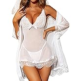 RSLOVE Women Sexy Lingerie Set 3 Piece Babydoll & Lace Kimono Robe Strap Chemise Sleepwear Mesh Nightgown