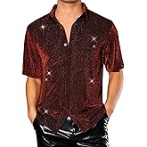 Lars Amadeus Glitter Shirt for Men's Shiny Short Sleeve Disco Party Sparkle Metallic Shirts