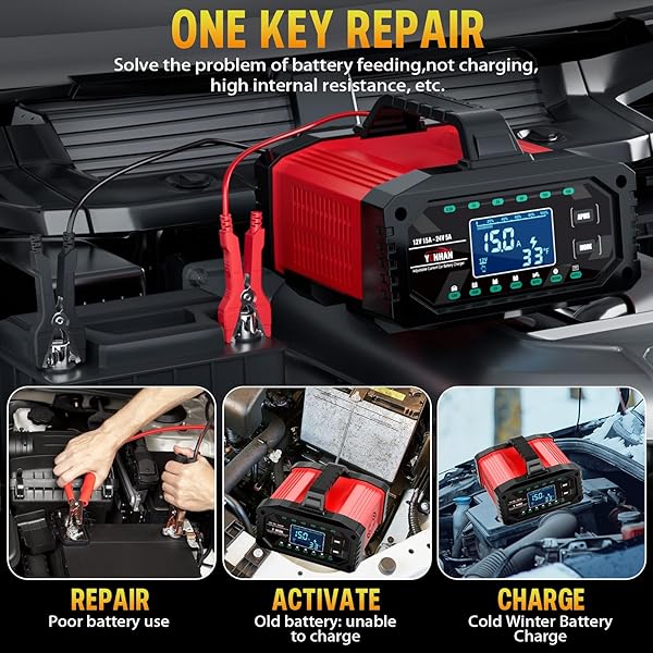 YONHAN BATTERY CHARGER 0-15A 12V/24V ADJUSTABLE CURRENT LIFEPO4 CAR BATTERY CHARGER, BATTERY MAINTAINER AUTOMATIC TRICKLE CHARGER, BATTERY DESULFATOR W/TEMP COMPENSATION