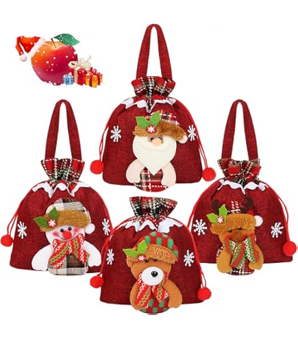 Lot De 4 Sacs Cadeaux De Noël Réutilisables Avec Cordon De Serrage En Toile De Jute Avec Cordon De Serrage - Père Noël, Bonhomme De Neige, élan, Ours Pour Enfants