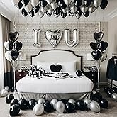 I Love You for Him/Her Balloon Black Silver Balloon with Heart Shaped Balloons Black Artificial Rose Petals Romantic Decoration Kit Perfect for Anniversaries Proposals Valentine's Day