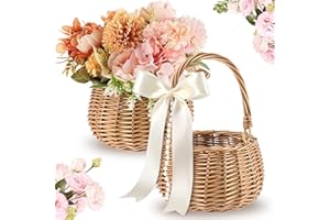 Weysat 2 Pcs Small Flower Girl Basket with Handle, Pearl and Bow, Wicker Rattan Flower Basket Set, Rustic, Cute, Hand Woven for Wedding Girl Home Decorations Picnic Garden Candy Sweets Gifts Storage