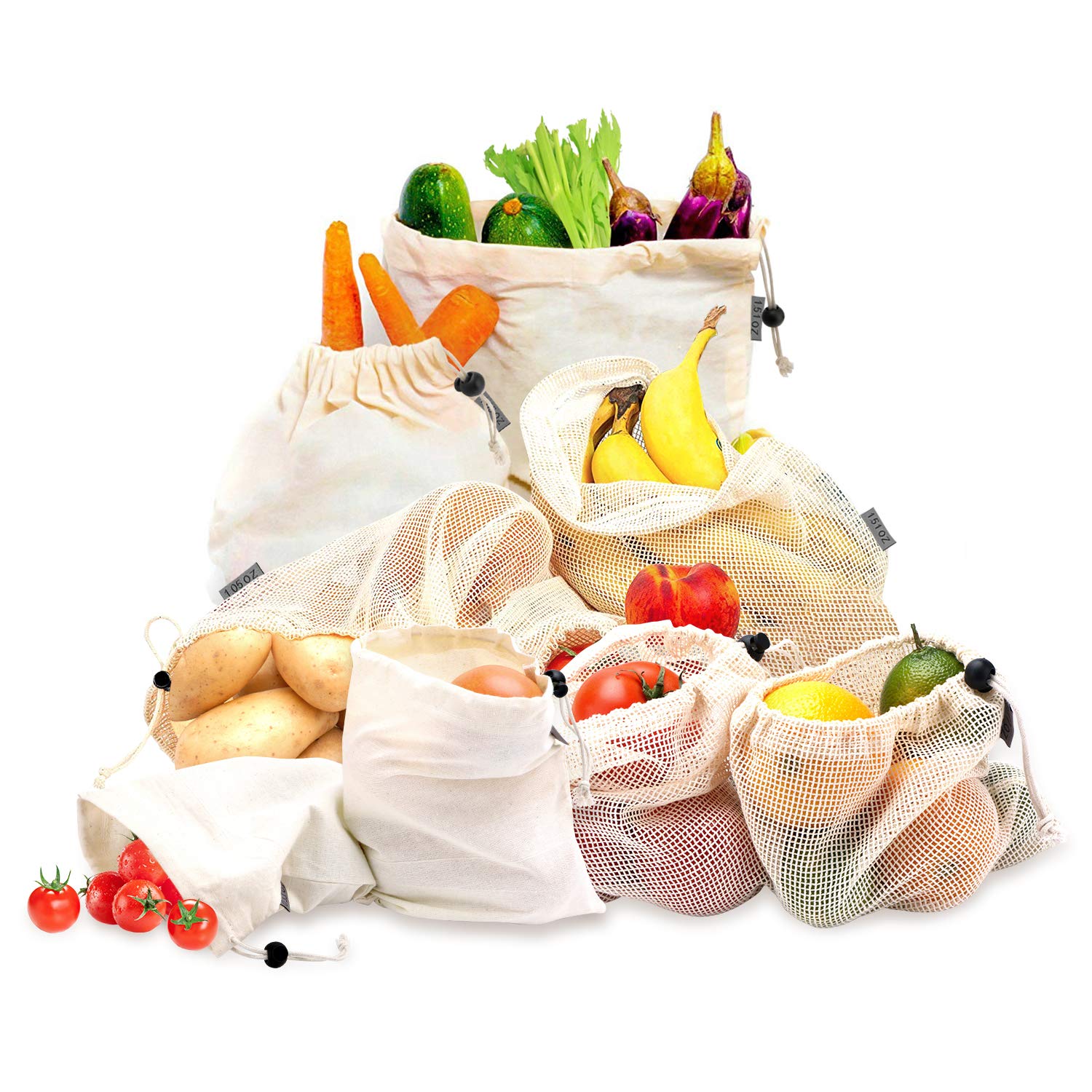 9er Set Obst&Gemüsebeutel,WU-MINGLU Einkaufstaschen wiederverwendbar Gemüsenetze robuste Kartoffelsack Brotbeutel Baumwolle Einkaufsnetze Kordelzug Tasche Aufbewahrungsbeutel für Einkaufen und Haushalt