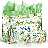 Wxiben Dinosaur Baby Shower Decorations - Hatching Soon Gift Bag, Gift Wrapping Paper Bag with Tissue Paper Handles Greeting Card, Dino Theme Party Decor Baby Shower Decorations Supplies