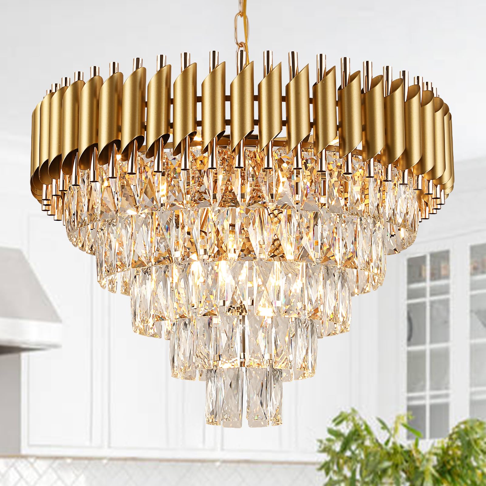 Photo 1 of ***FACTORY SEALED***AXILIXI Modern Crystal Chandelier Gold, 24" Round Chandeliers for Dining Room K9 5 Tiers Ceiling Pendant Light Fixtures Golden Large Raindrop Flush Mount Chandelier for Foyer Living Room Staircase