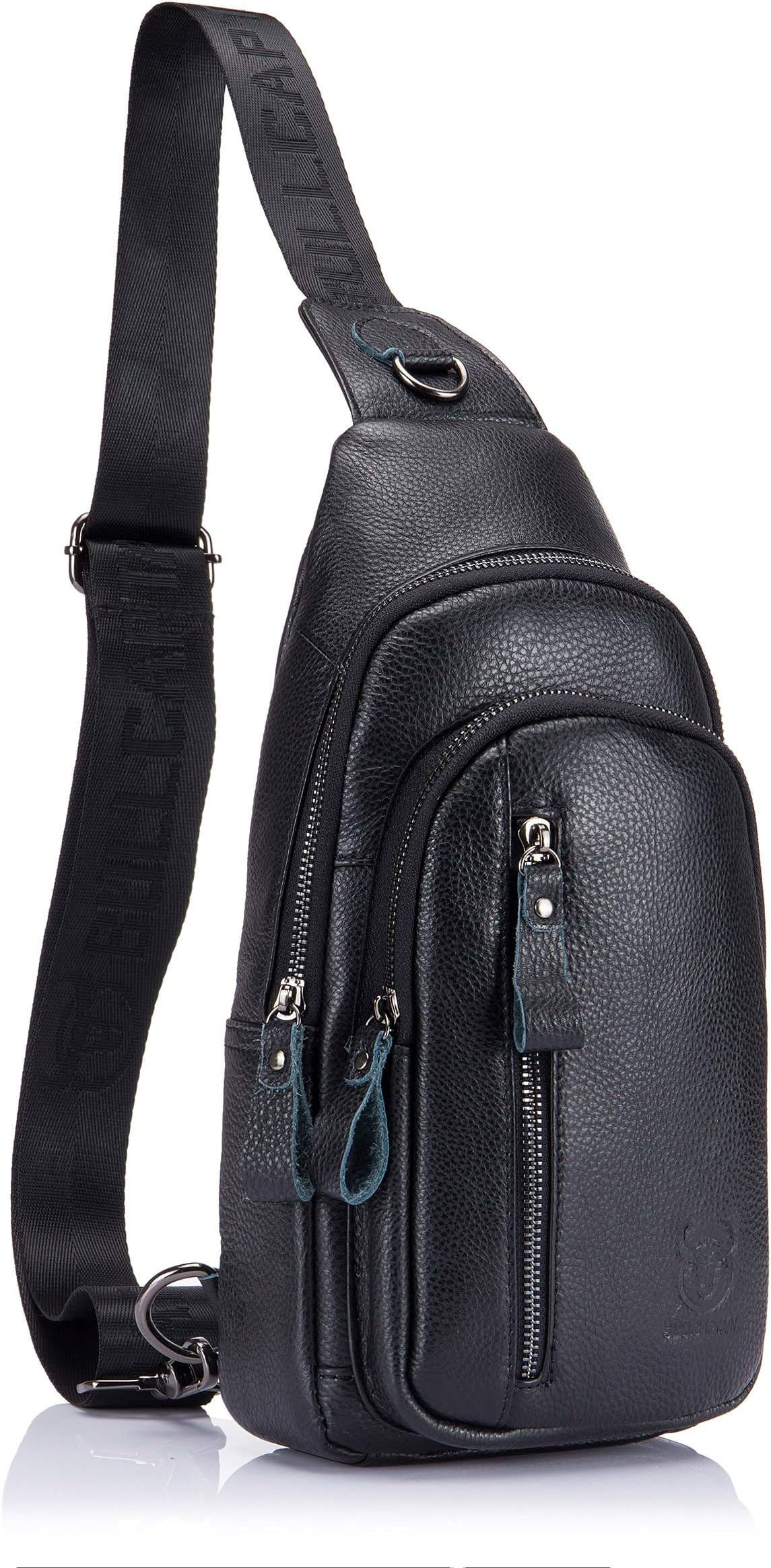 Genuine Leather Sling Bag,Full Grain Leather Casual Crossbody Shoulder Backpack Travel Hiking Vintage Chest Bag Daypacks for Men (Black)